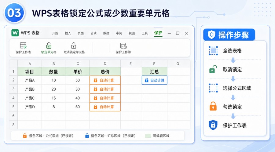 WPS 表格单独锁定公式和汇总单元格
